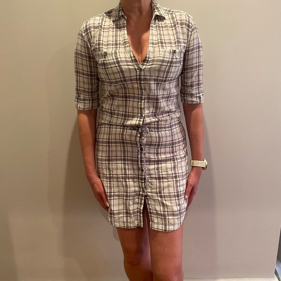 James Perse Cotton Linen Plaid Shirt Dress DrawstringWaist sz 2 (M) - Picture 1 of 5